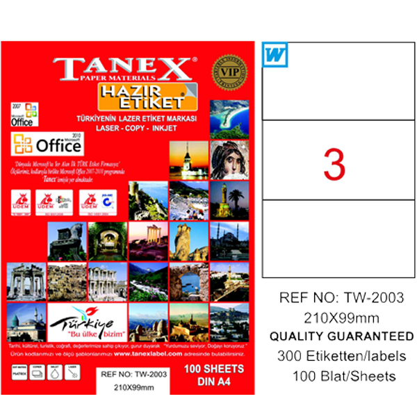 Tanex Laser Etiket 100 YP 210x99 Laser-Copy-Inkjet TW-2003