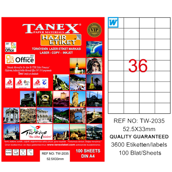 Tanex Laser Etiket 100 YP 52.5x33 Laser-Copy-Inkjet TW-2035