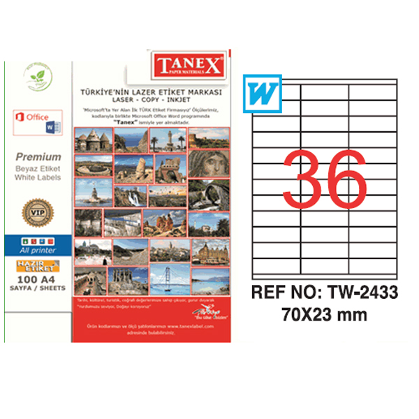 Tanex Laser Etiket 100 YP 70x23 Laser-Copy-Inkjet TW-2433