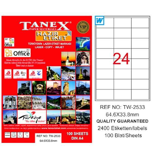 Tanex Laser Etiket 100 YP 64x33 MM Laser-Copy-Inkjet TW-2533