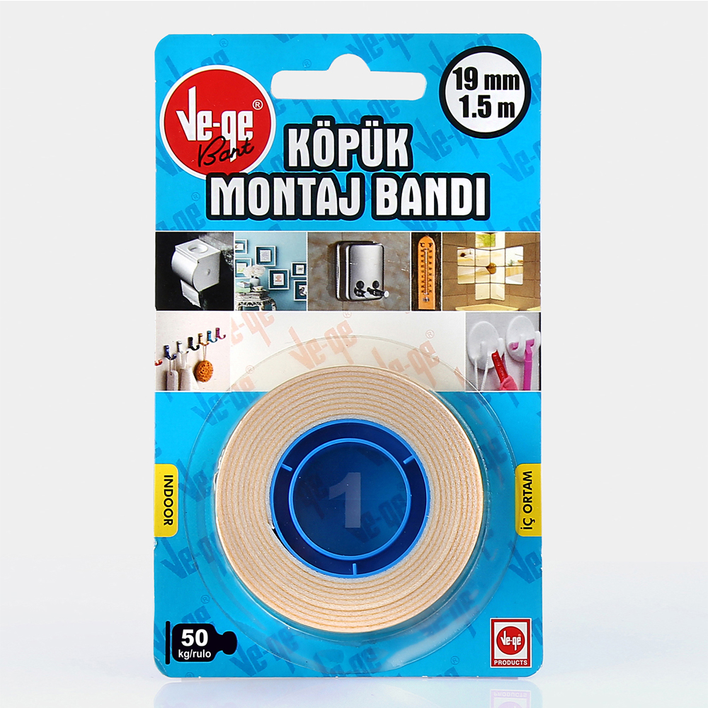 Vege Çift Taraflı Köpük Bant 19 MM x 1,5 Mt (1)